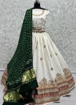 Gadhwal Silk White Dark Green Traditional Wear Thread Work Lehenga Choli